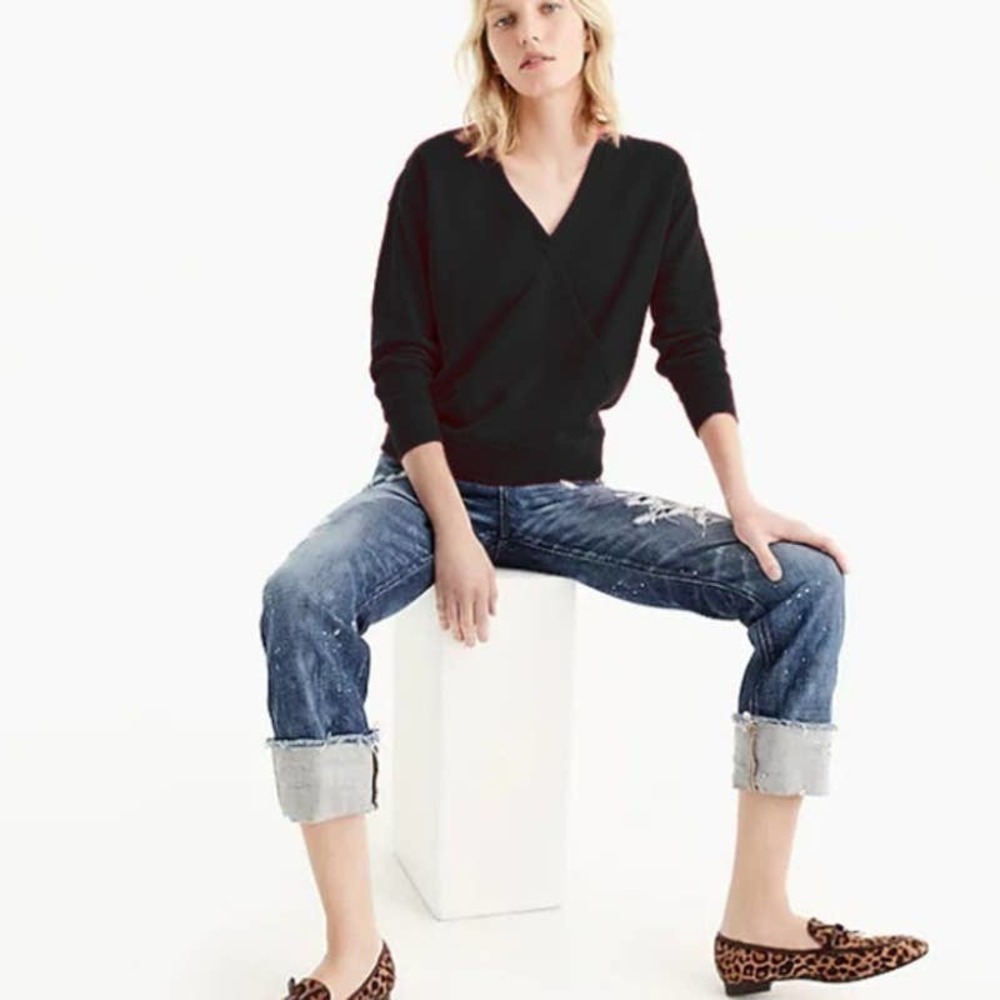 J. Crew Cross Front V-Neck Long Sleeve Elastic Hem Terry Black Top Size Small